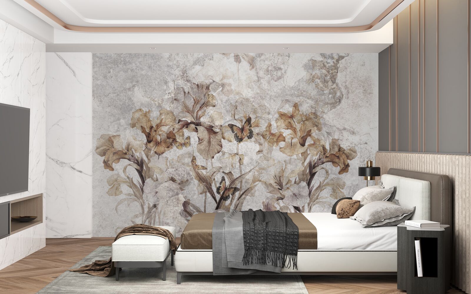 Fotobehang herfstbladeren verborgen in mist en vlinders