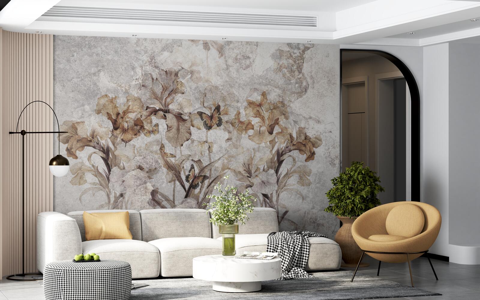 Fotobehang herfstbladeren verborgen in mist en vlinders