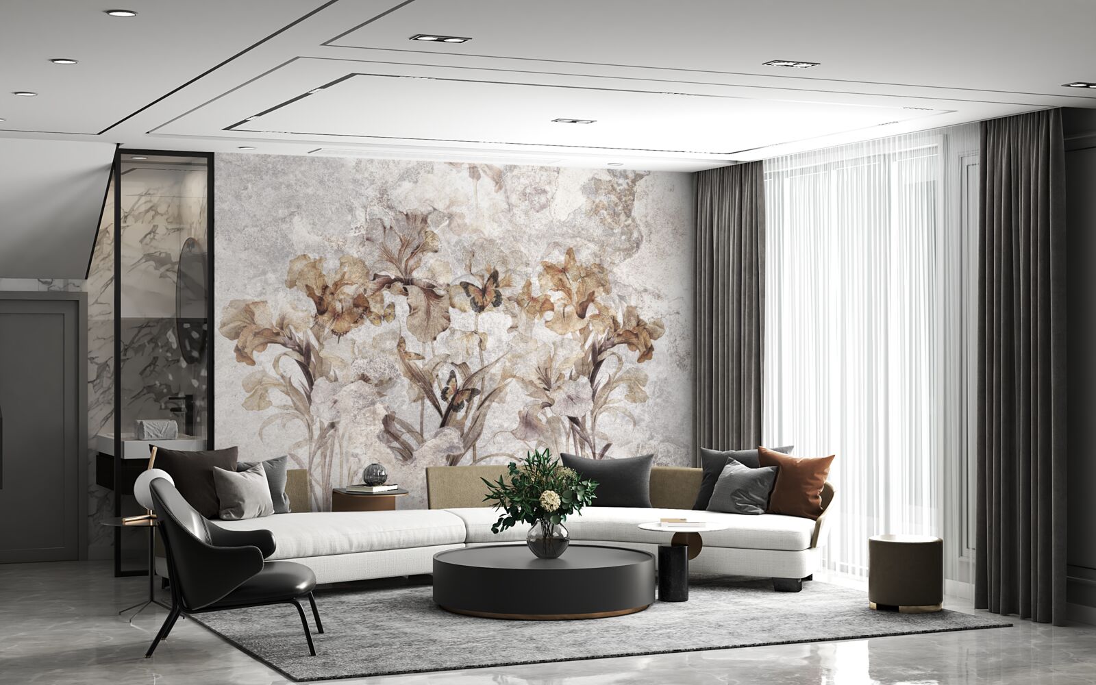 Fotobehang herfstbladeren verborgen in mist en vlinders