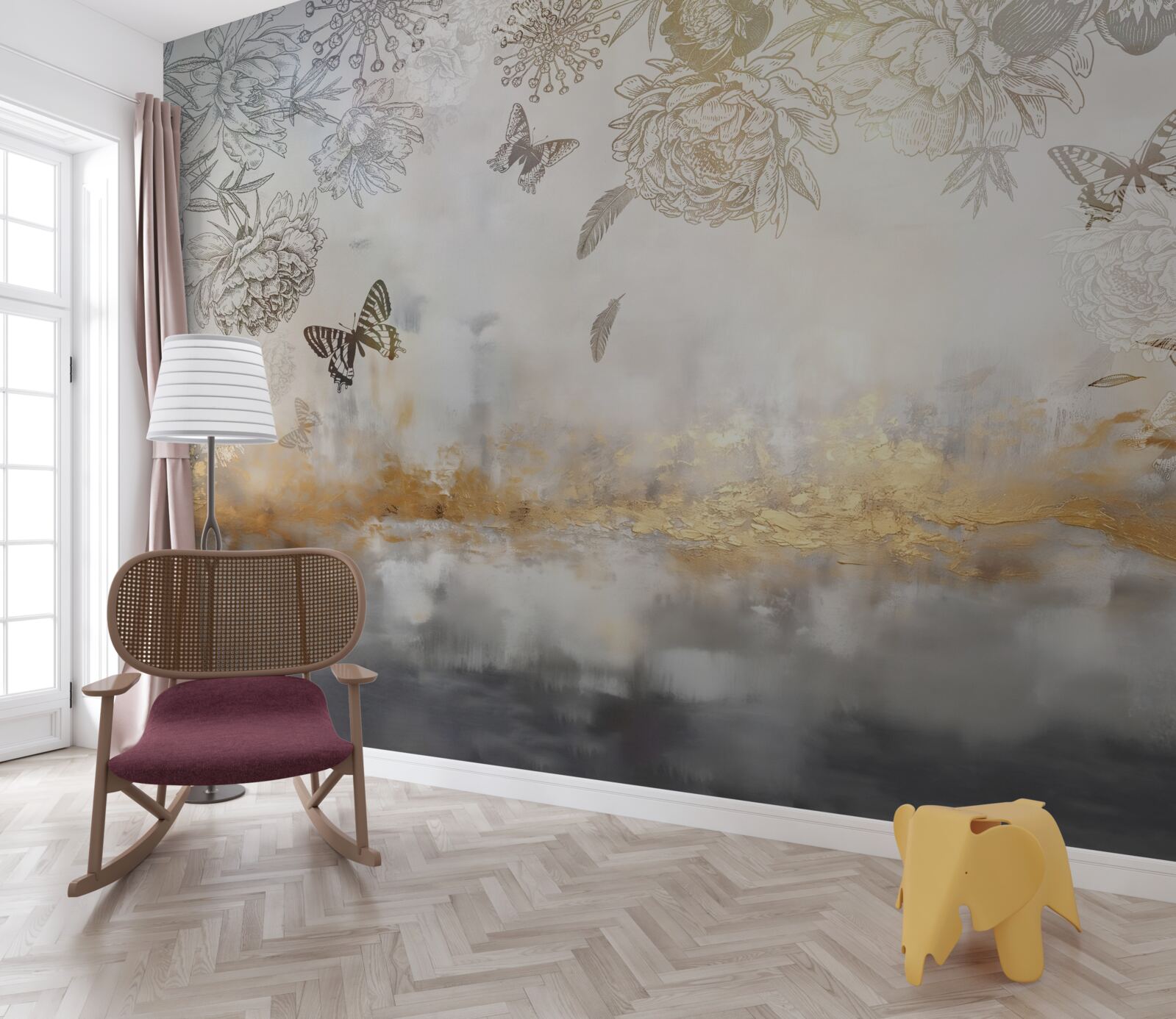Fotobehang vlinders vliegen over mistig water