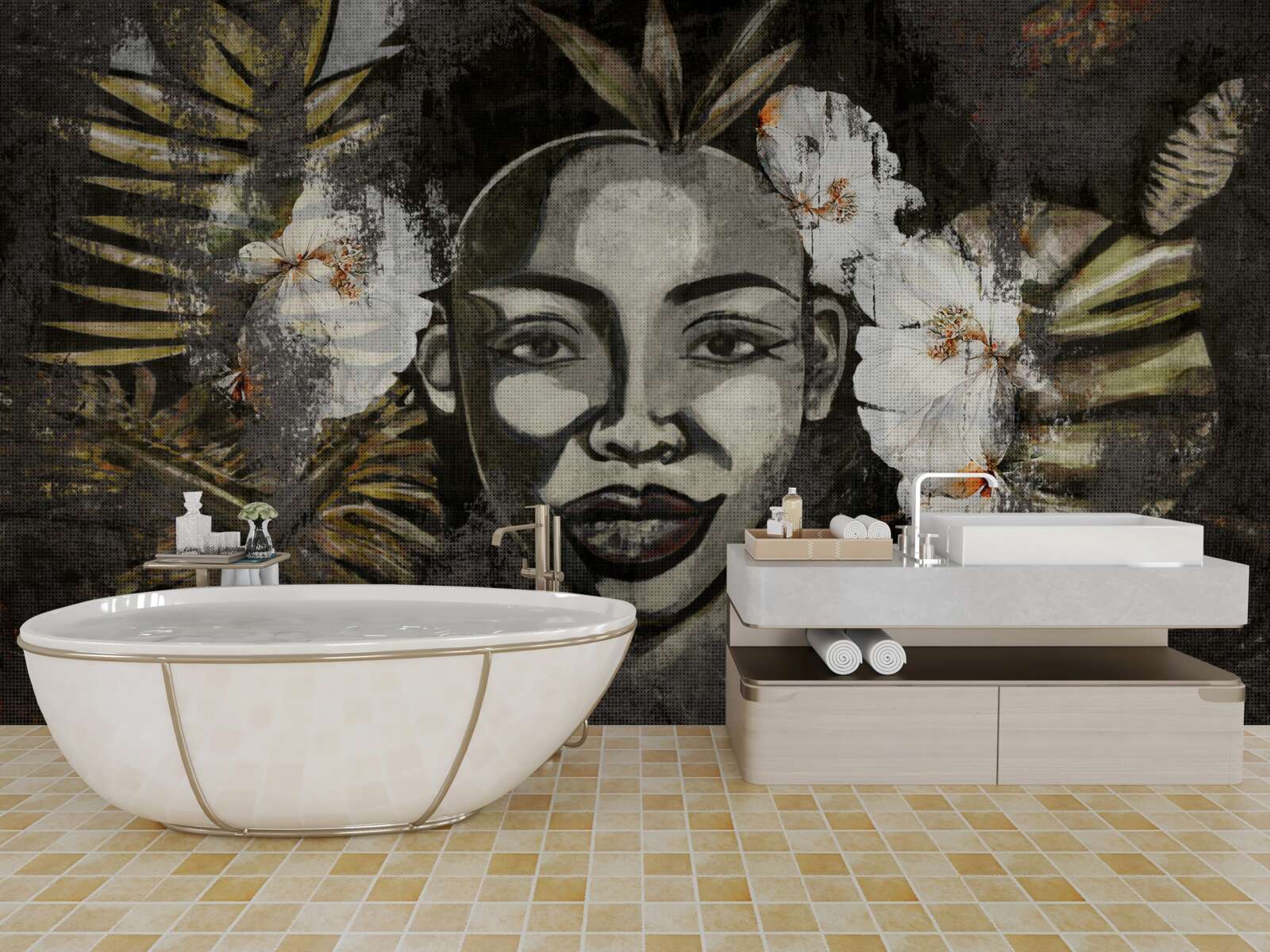 Fotobehang Afrikaanse vrouw in een tropisch woud