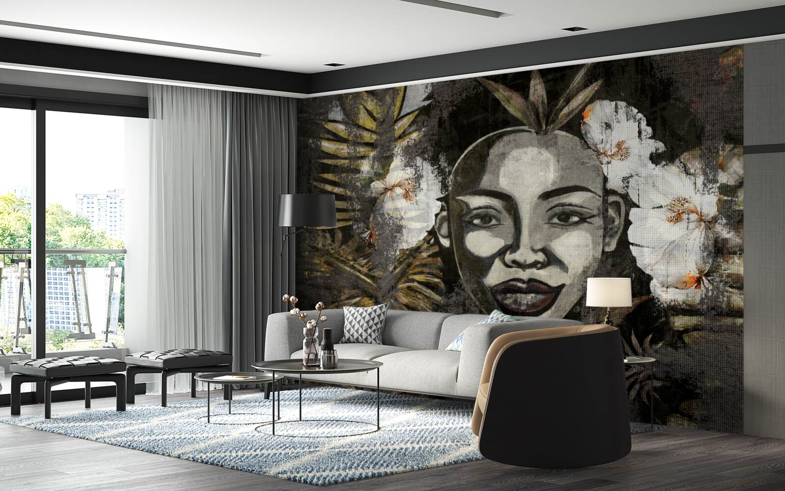 Fotobehang Afrikaanse vrouw in een tropisch woud