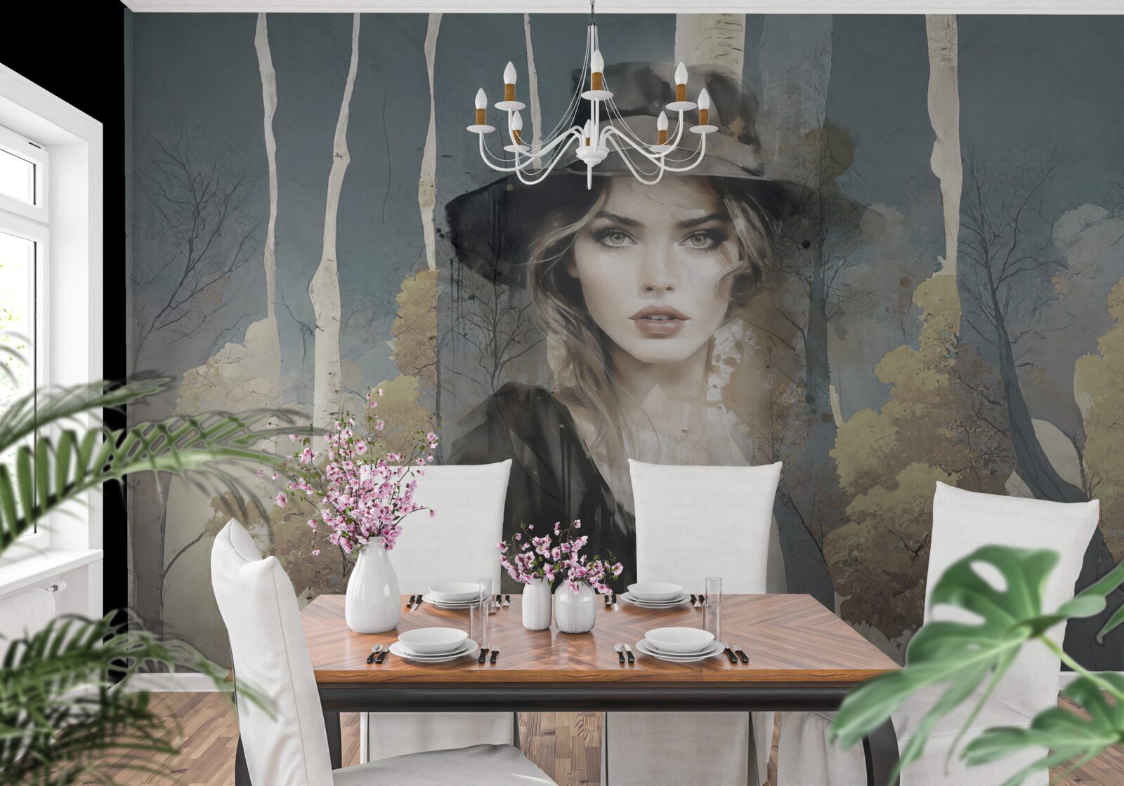 Fotobehang samenvatting van meisje in het bos met een hoed