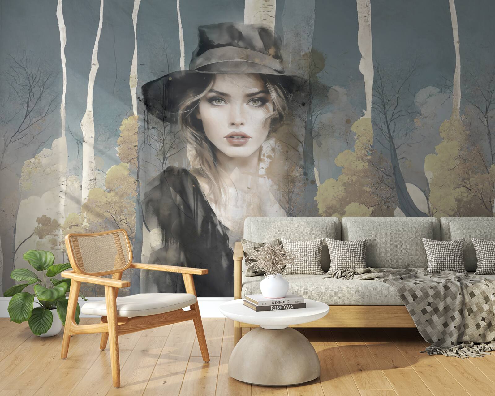 Fotobehang samenvatting van meisje in het bos met een hoed