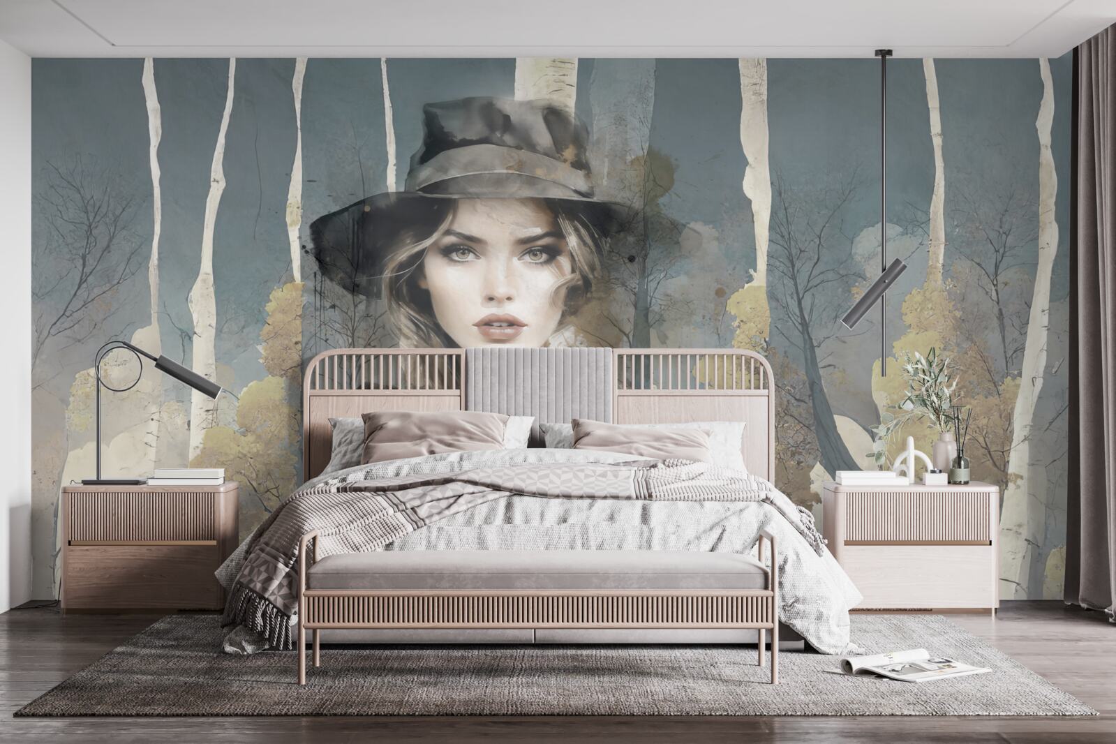 Fotobehang samenvatting van meisje in het bos met een hoed