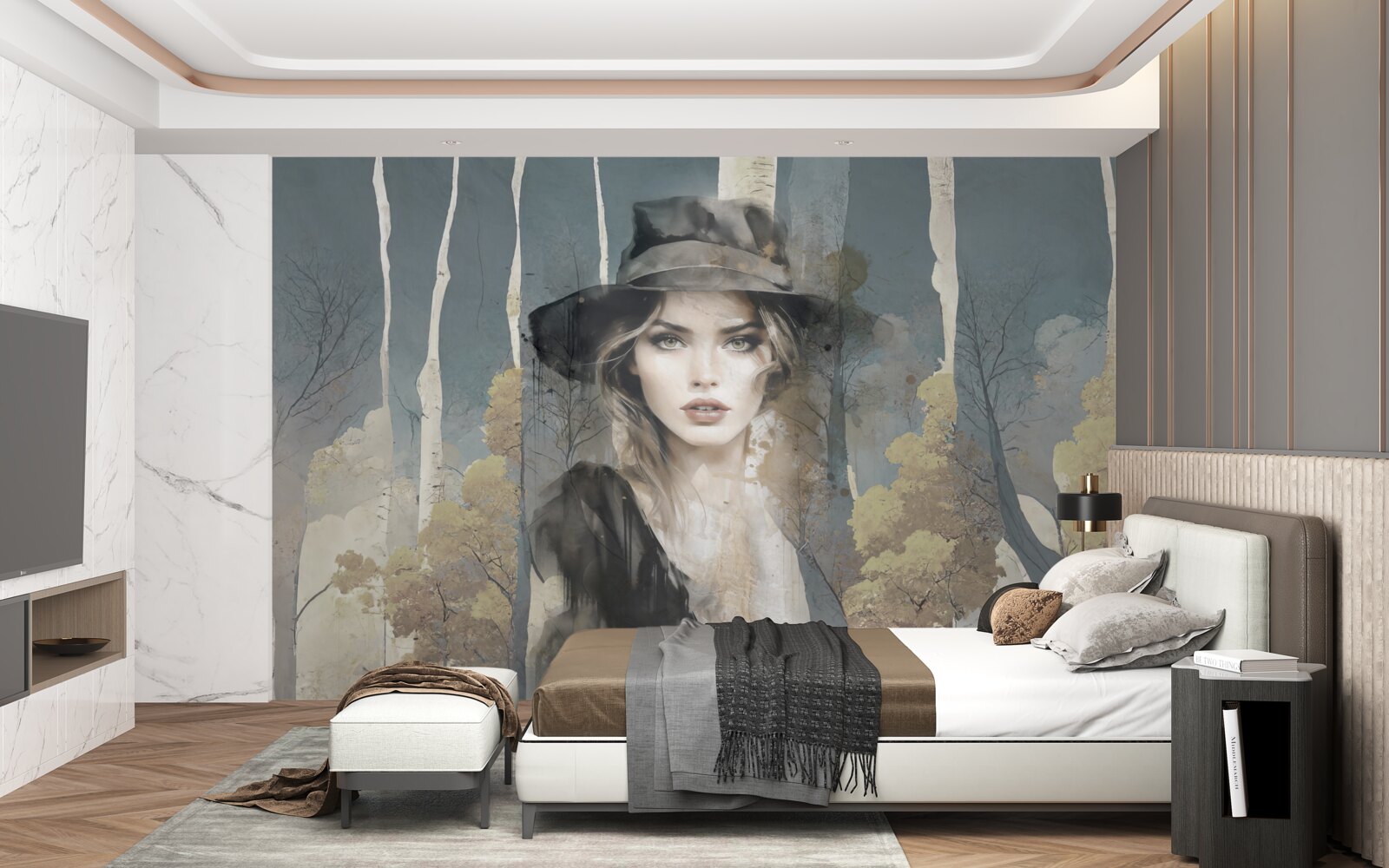 Fotobehang samenvatting van meisje in het bos met een hoed