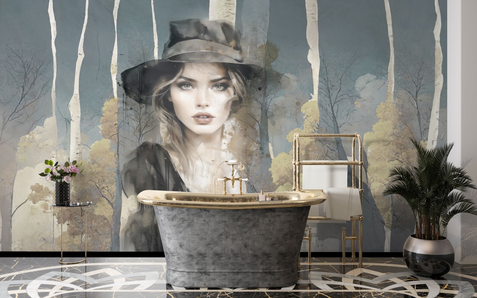 Fotobehang samenvatting van meisje in het bos met een hoed