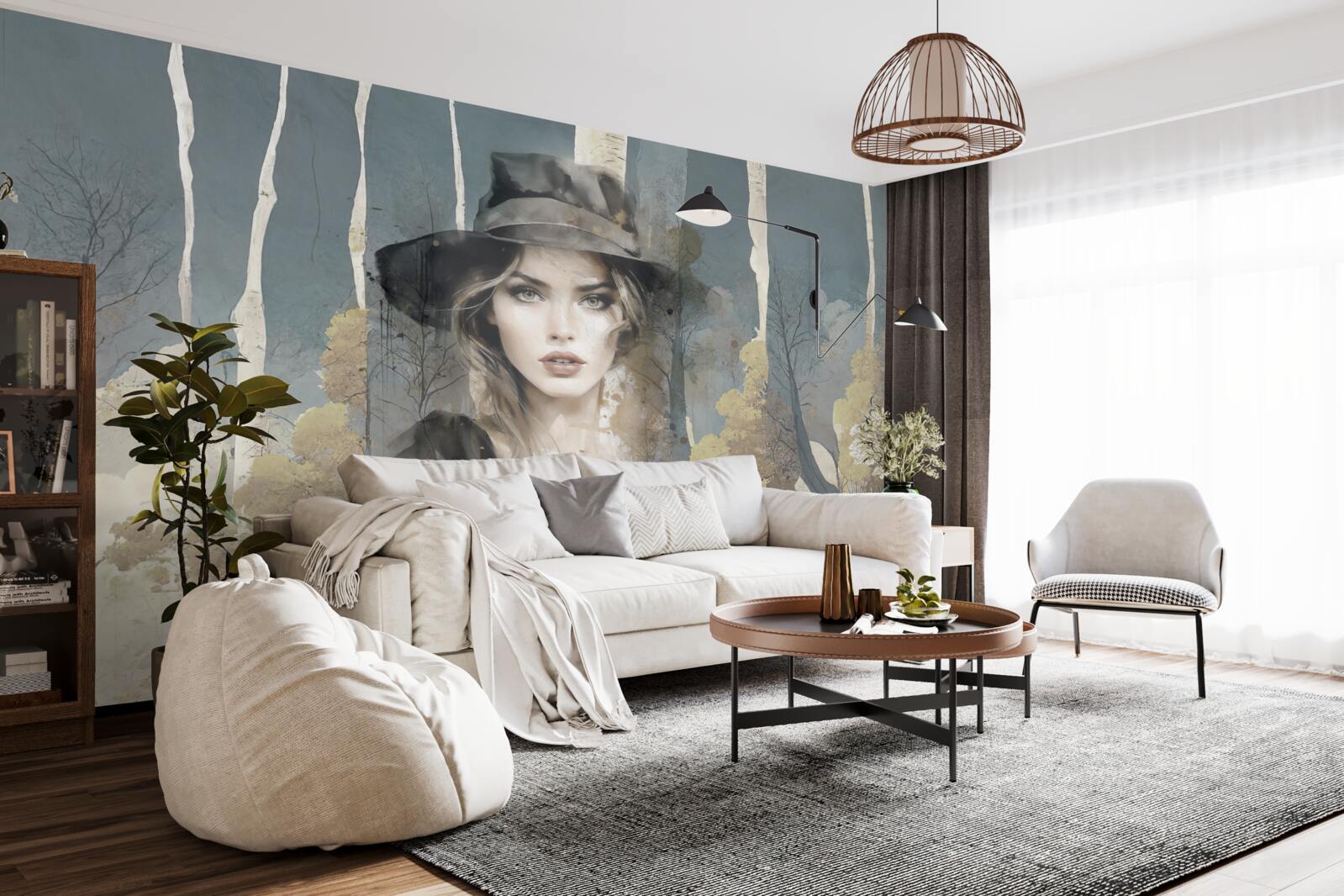 Fotobehang samenvatting van meisje in het bos met een hoed