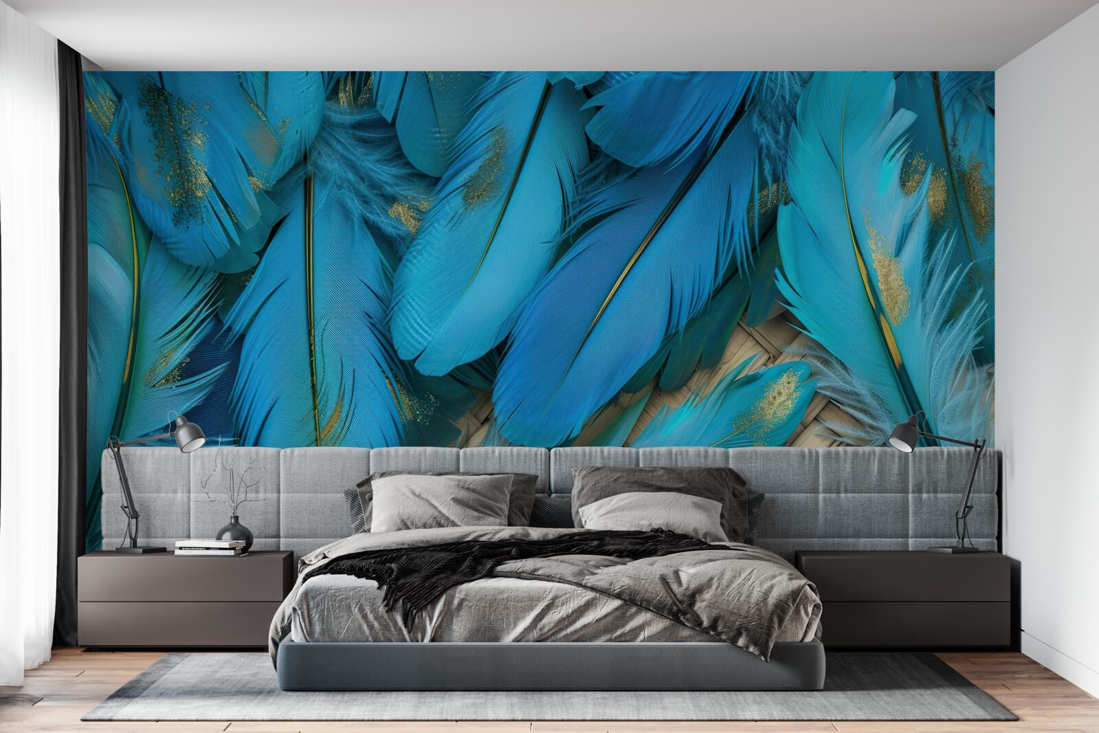 Fotobehang mooie pluizige veren met een rijke blauwe kleur