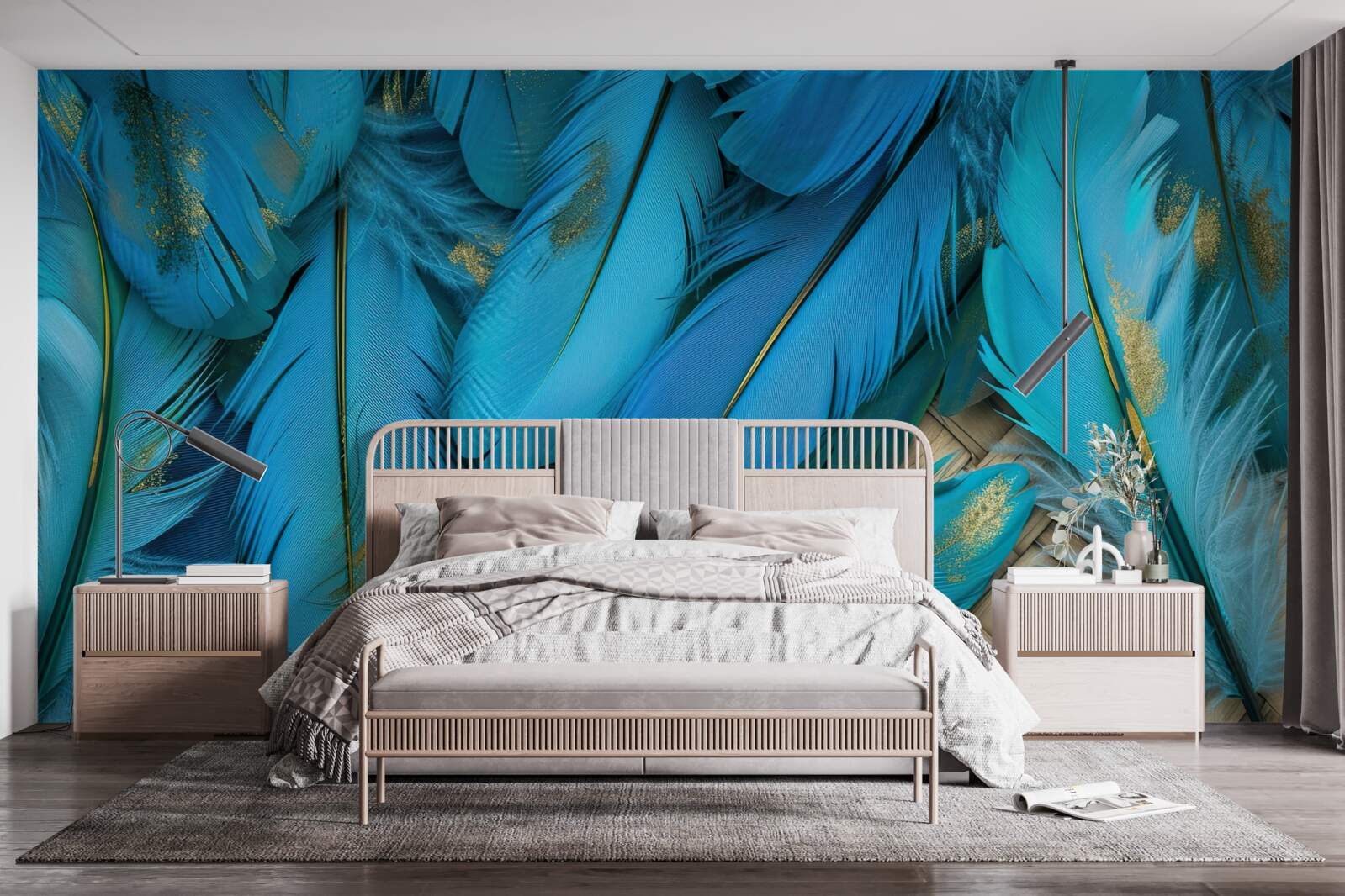 Fotobehang mooie pluizige veren met een rijke blauwe kleur