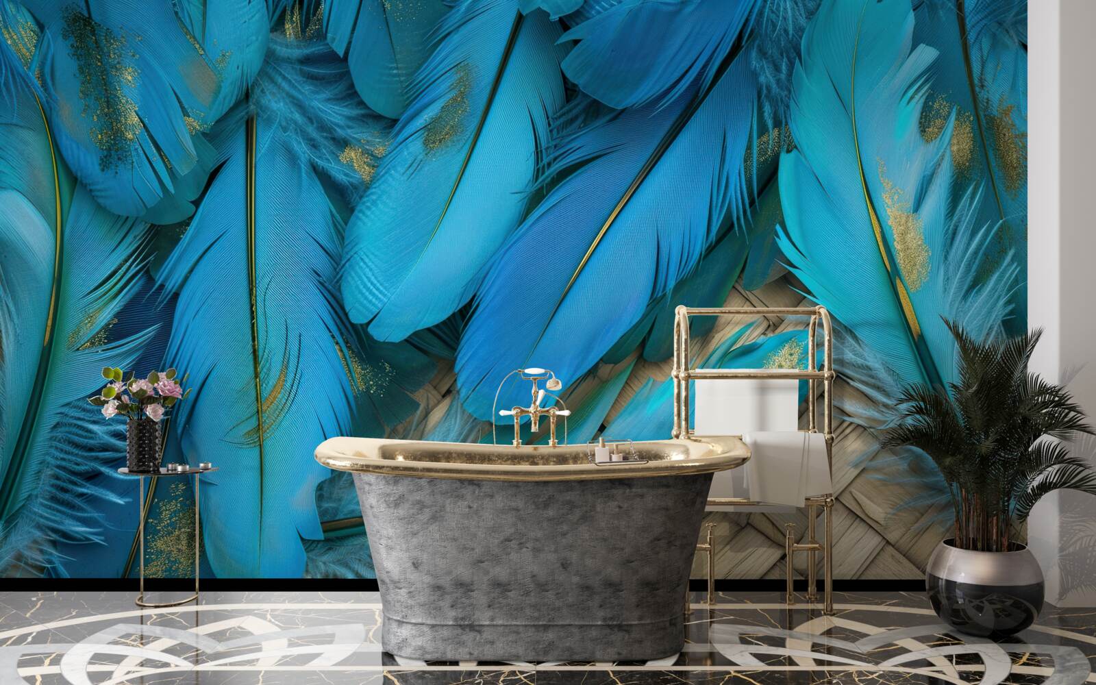 Fotobehang mooie pluizige veren met een rijke blauwe kleur