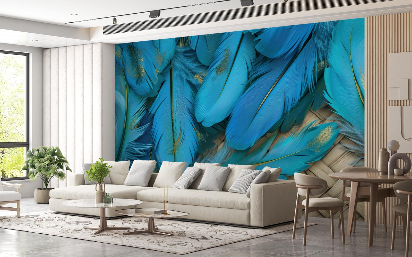 Fotobehang mooie pluizige veren met een rijke blauwe kleur