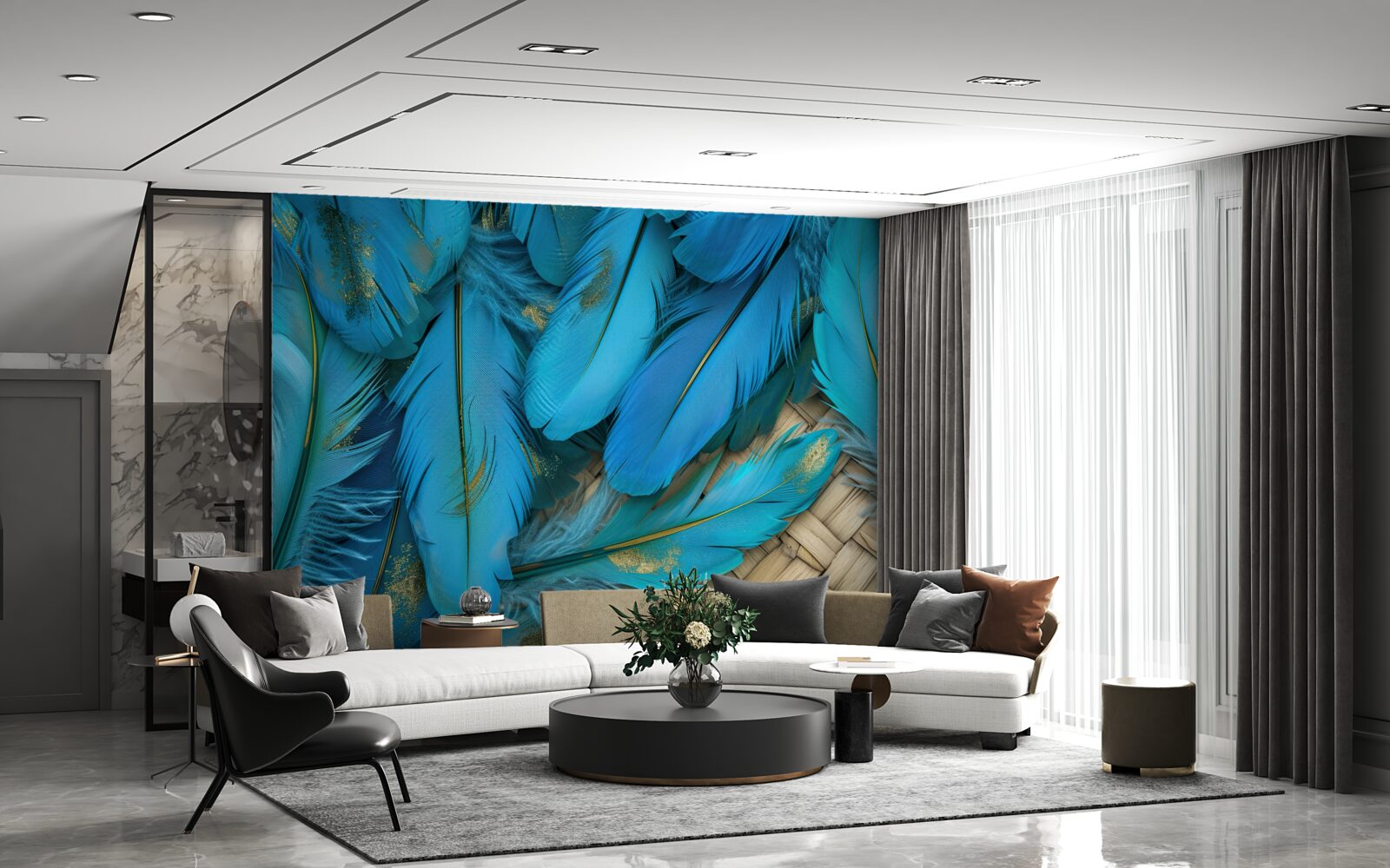 Fotobehang mooie pluizige veren met een rijke blauwe kleur