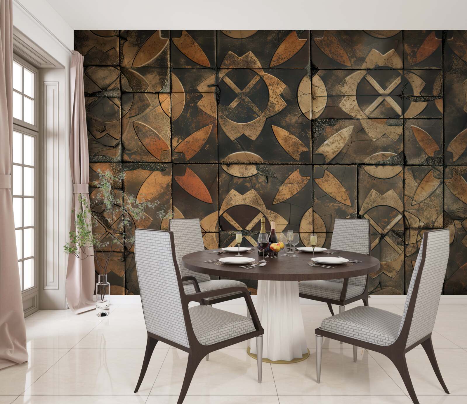 Fotobehang geometrische compositie met bladelementen