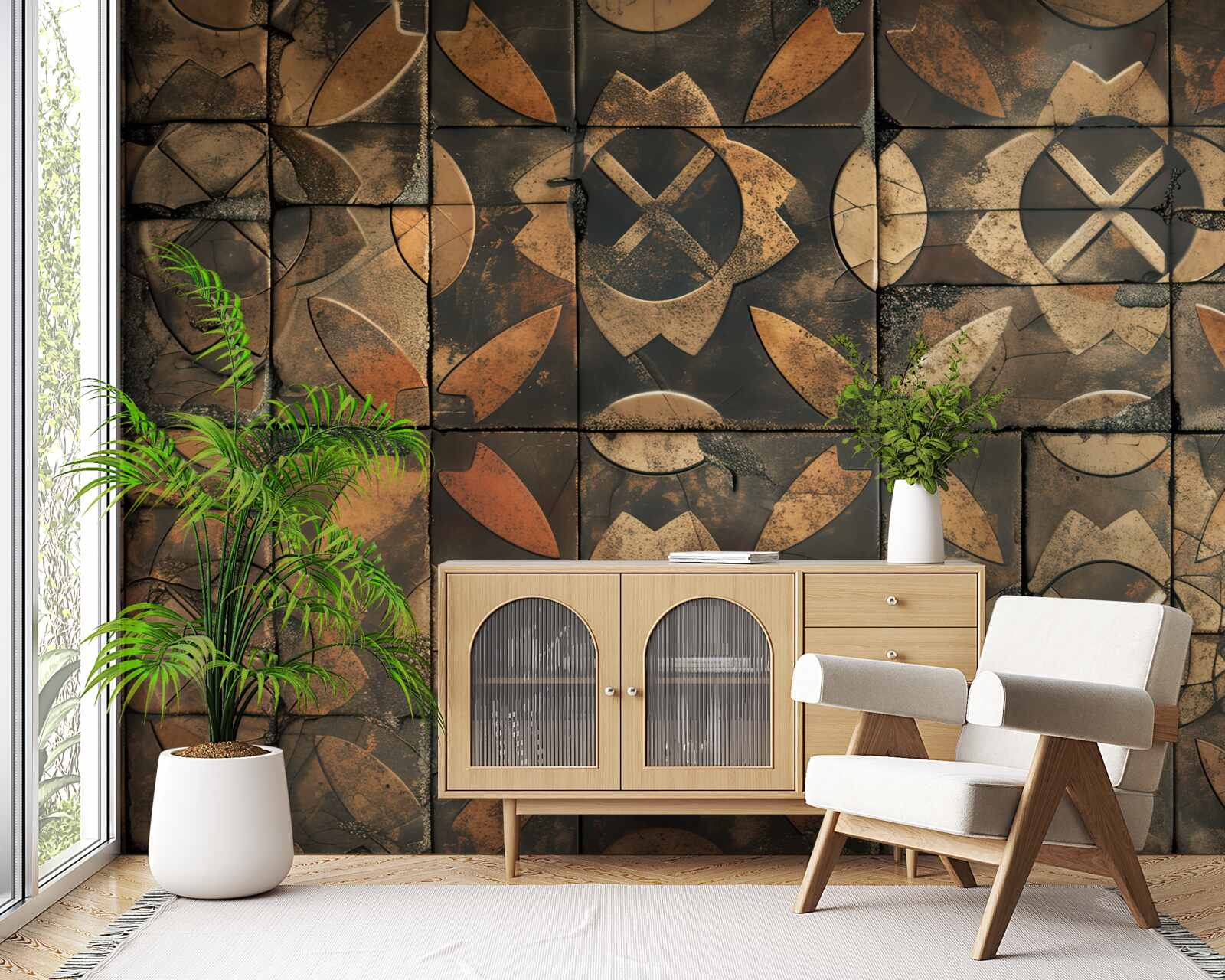 Fotobehang geometrische compositie met bladelementen