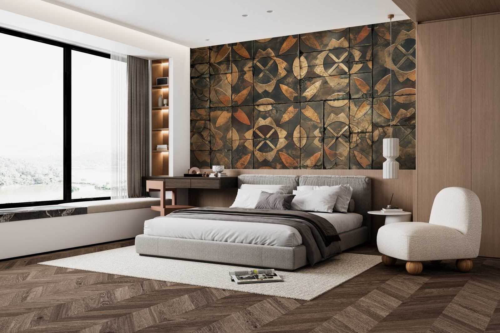 Fotobehang geometrische compositie met bladelementen