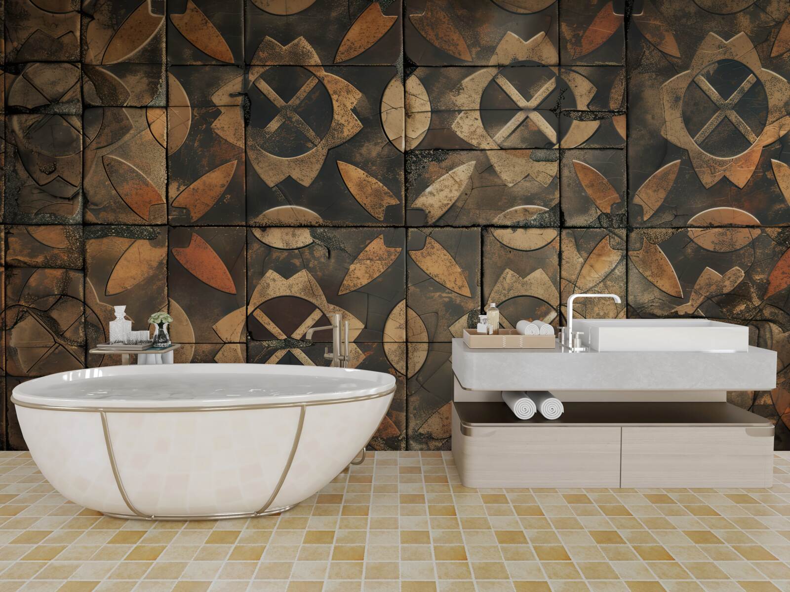 Fotobehang geometrische compositie met bladelementen