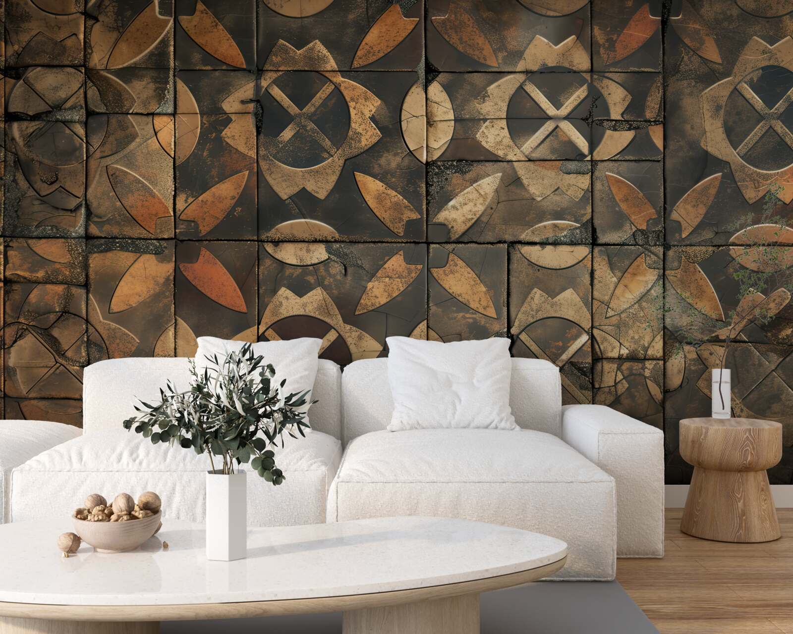 Fotobehang geometrische compositie met bladelementen