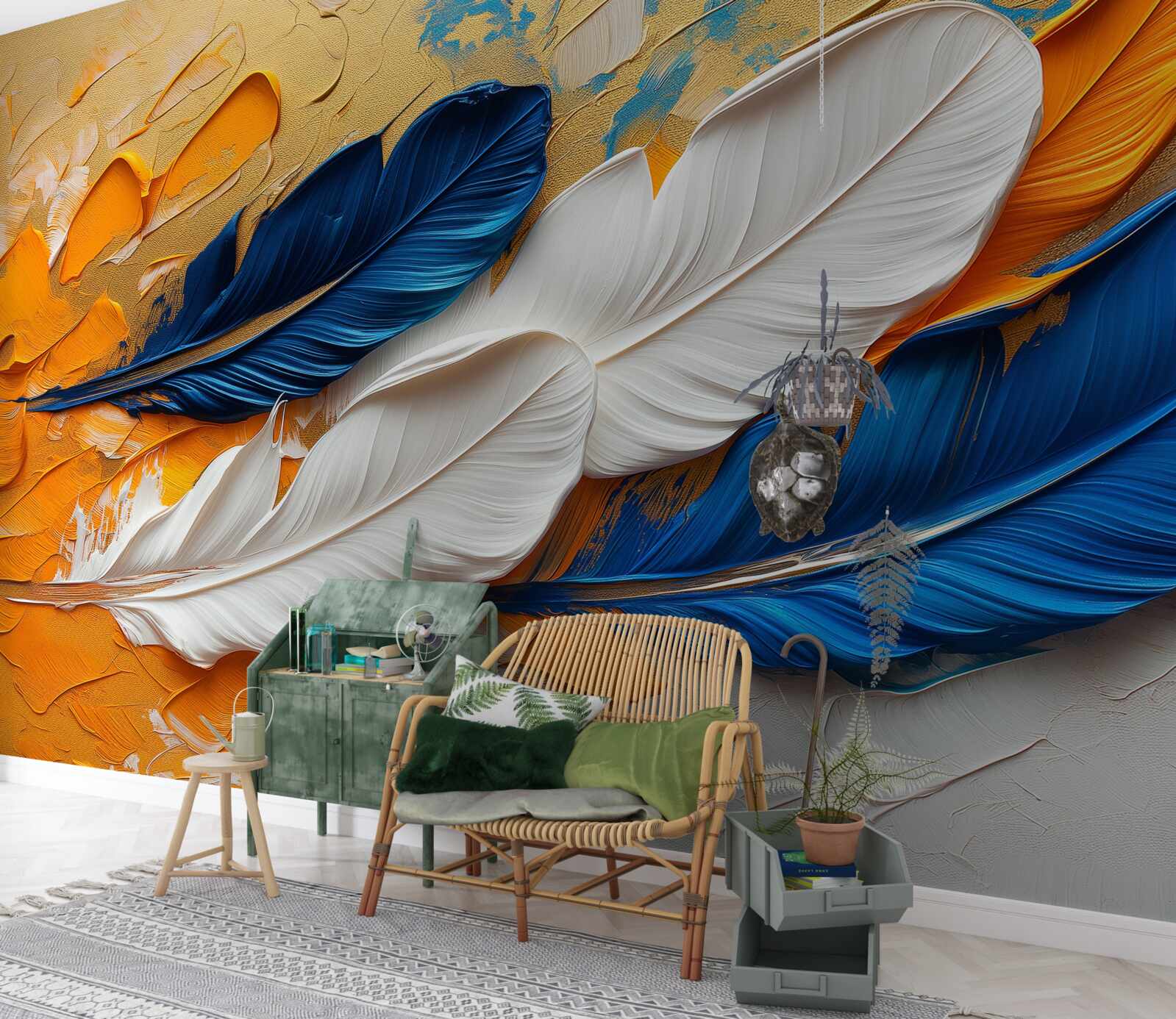 Fotobehang verf met witte en blauwe veren