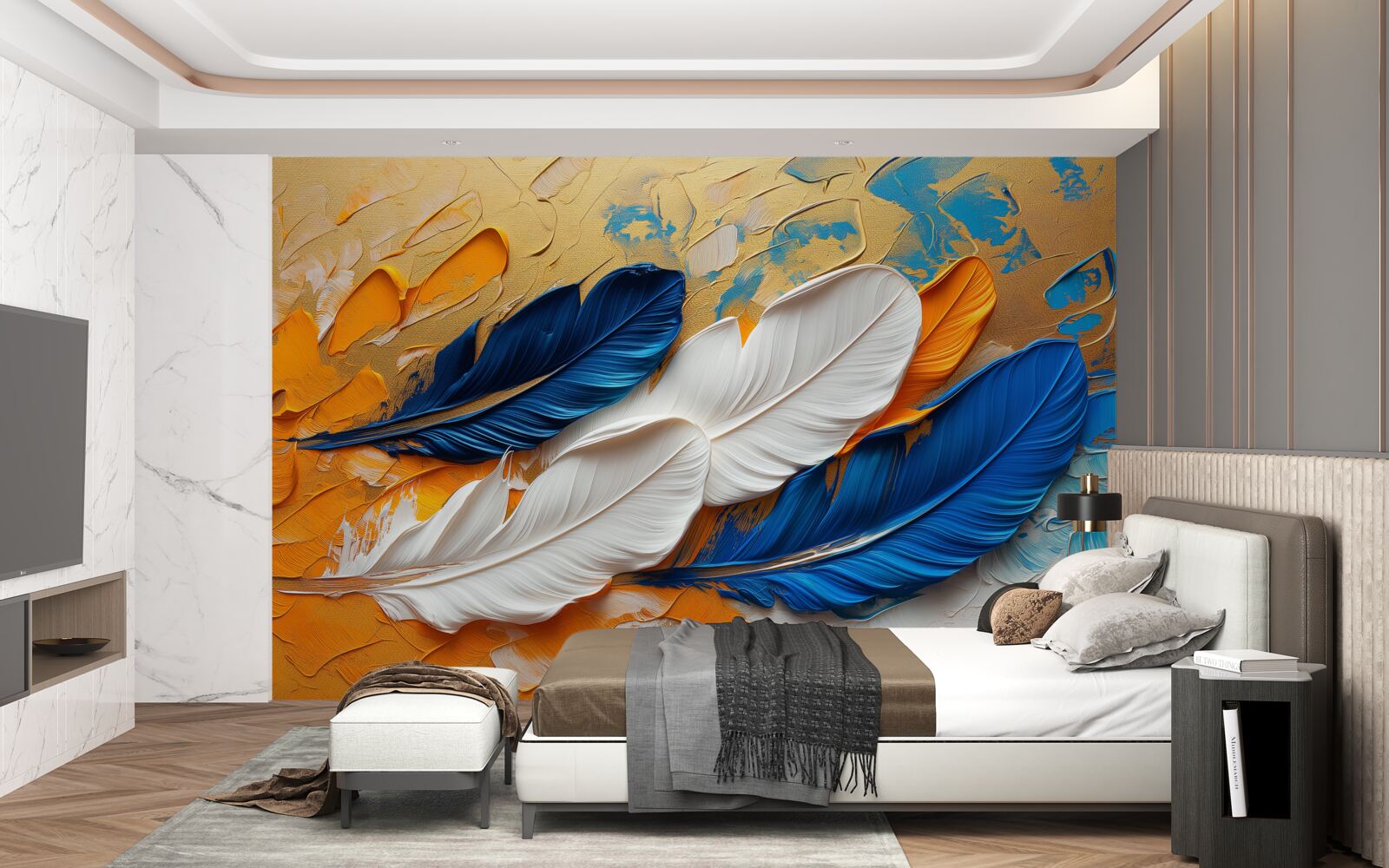 Fotobehang verf met witte en blauwe veren