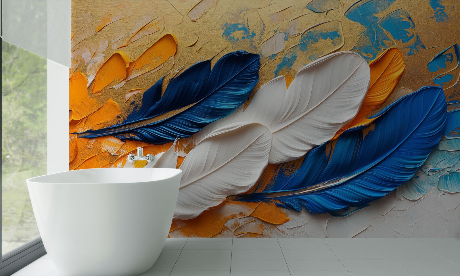 Fotobehang verf met witte en blauwe veren