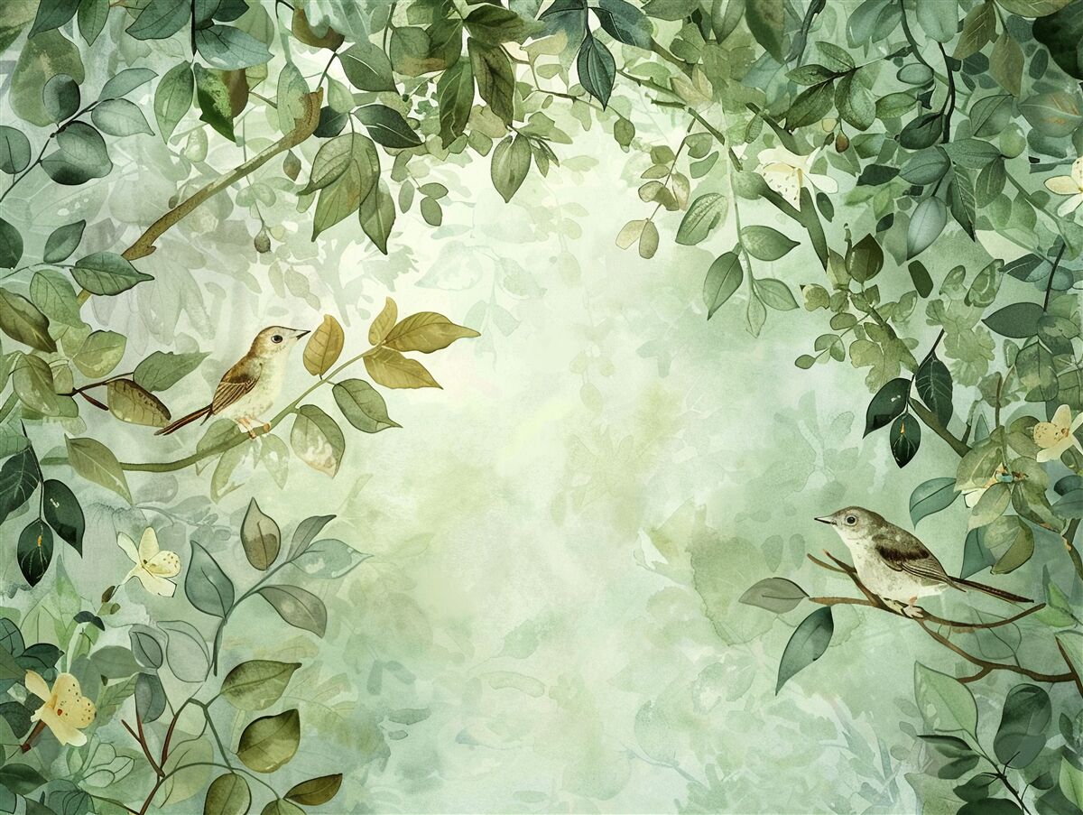 Fotobehang vogels tussen de groene bladeren van de bomen