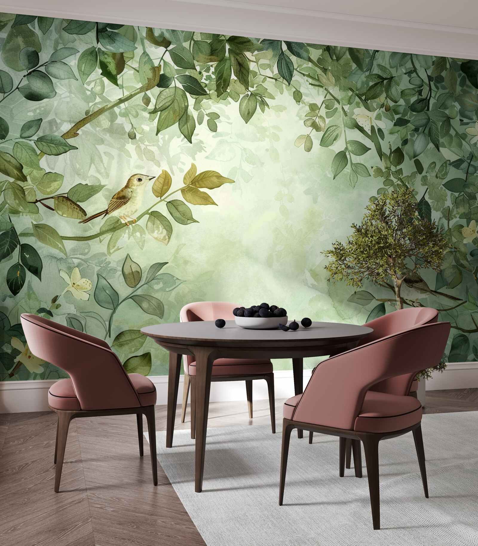 Fotobehang vogels tussen de groene bladeren van de bomen