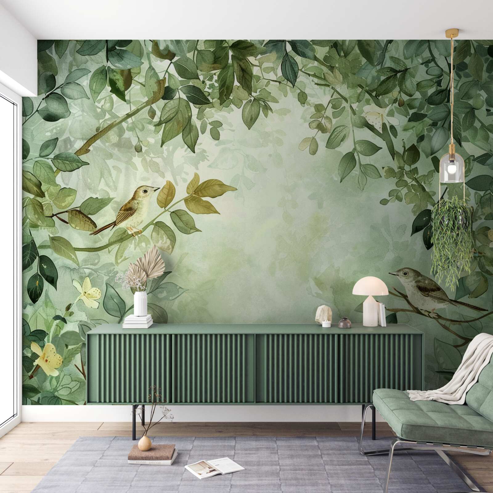 Fotobehang vogels tussen de groene bladeren van de bomen