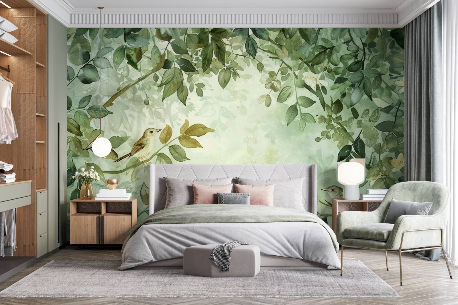 Fotobehang vogels tussen de groene bladeren van de bomen