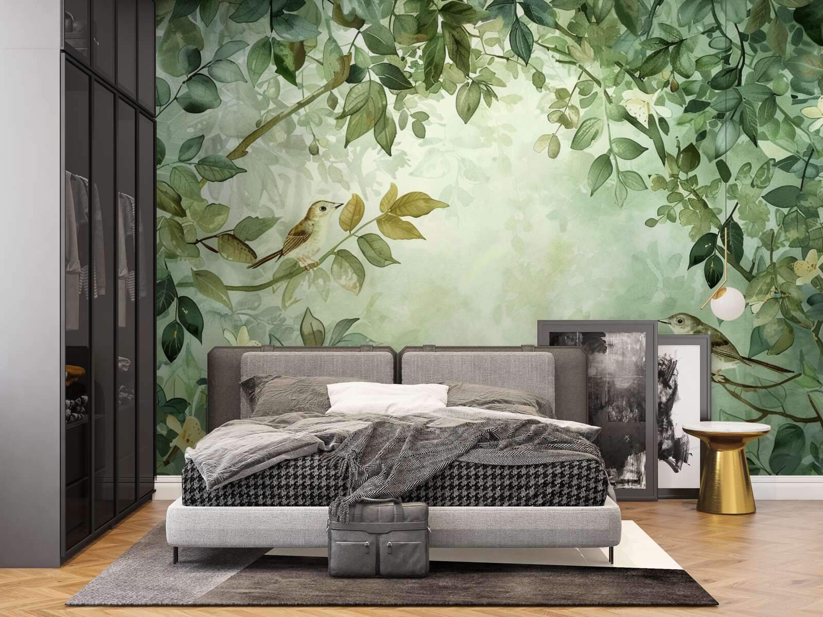 Fotobehang vogels tussen de groene bladeren van de bomen