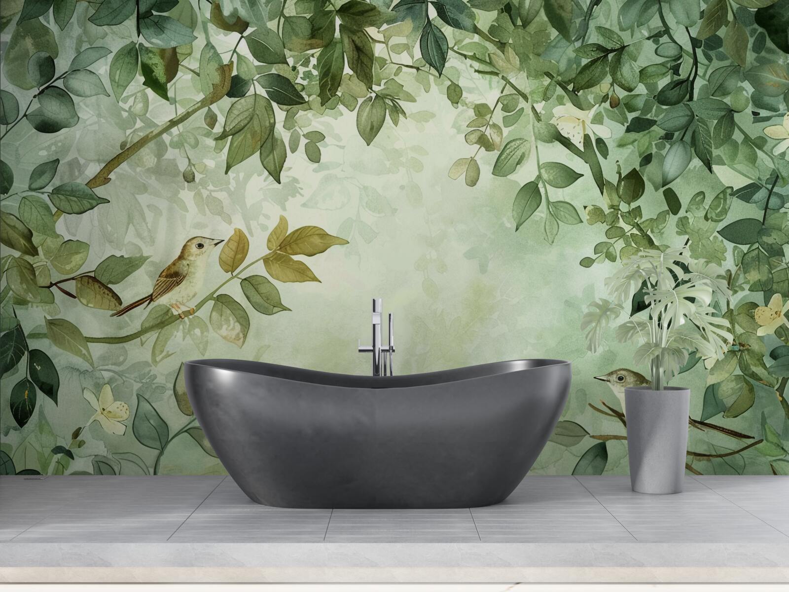 Fotobehang vogels tussen de groene bladeren van de bomen