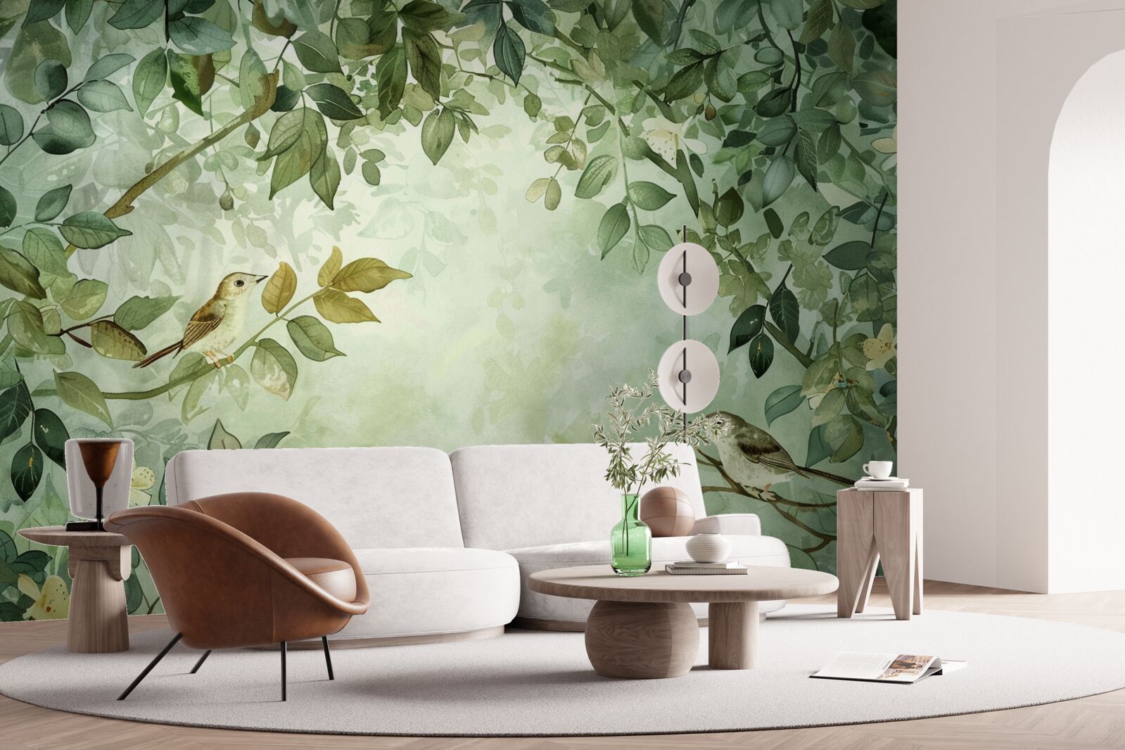 Fotobehang vogels tussen de groene bladeren van de bomen