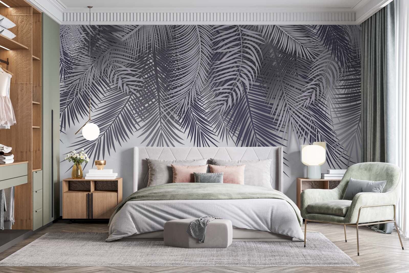 Fotobehang 's nachts vallen de varenbladeren