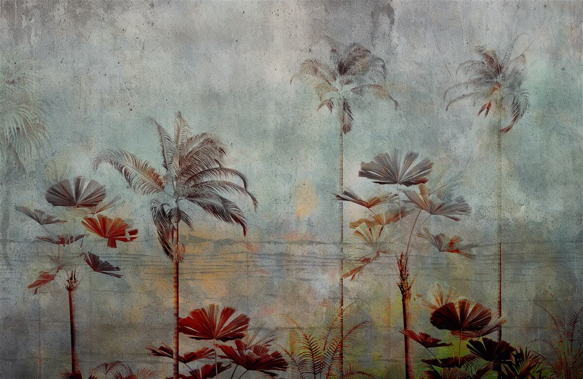 Fotobehang wuivende palmbomen aan de kust