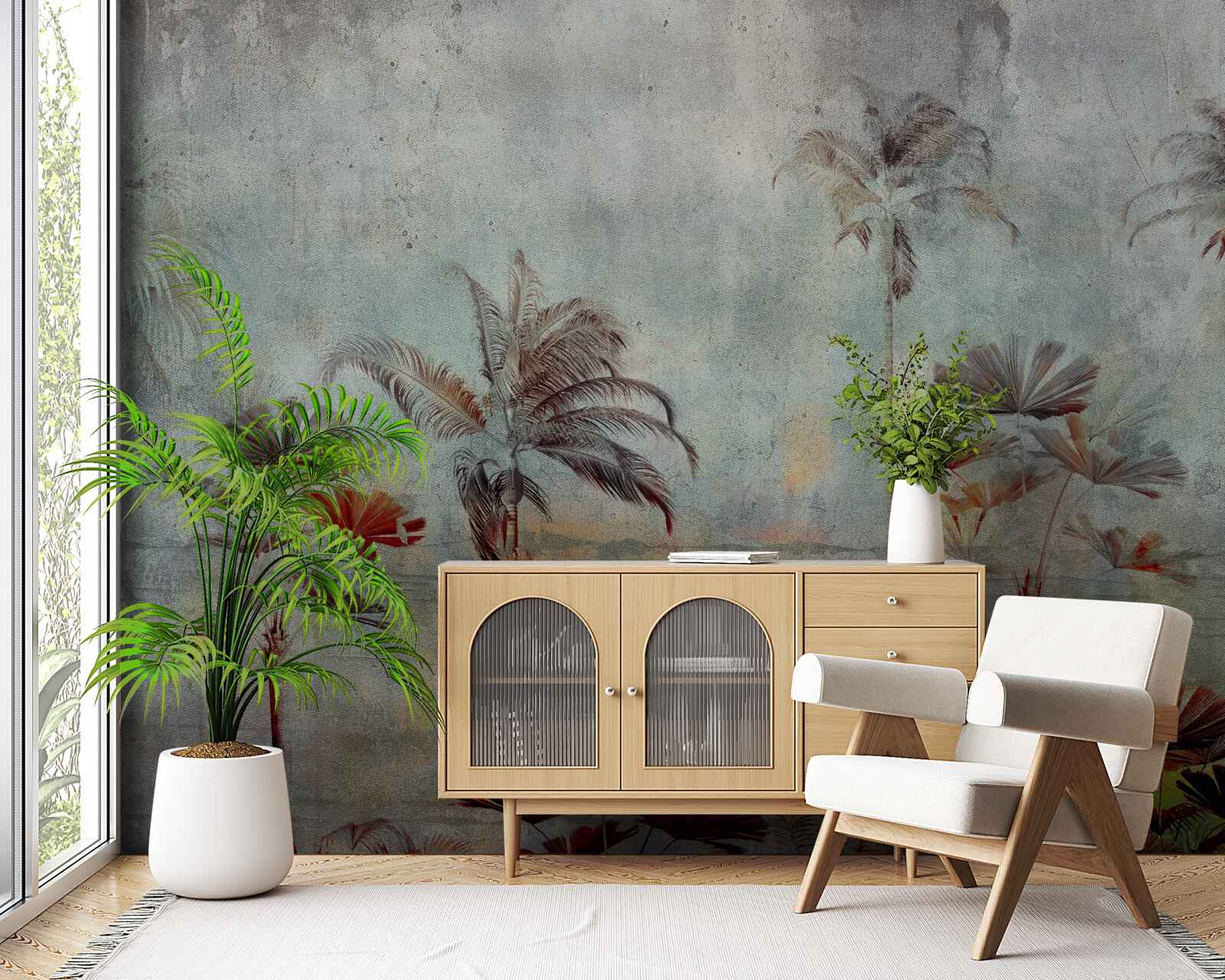 Fotobehang wuivende palmbomen aan de kust