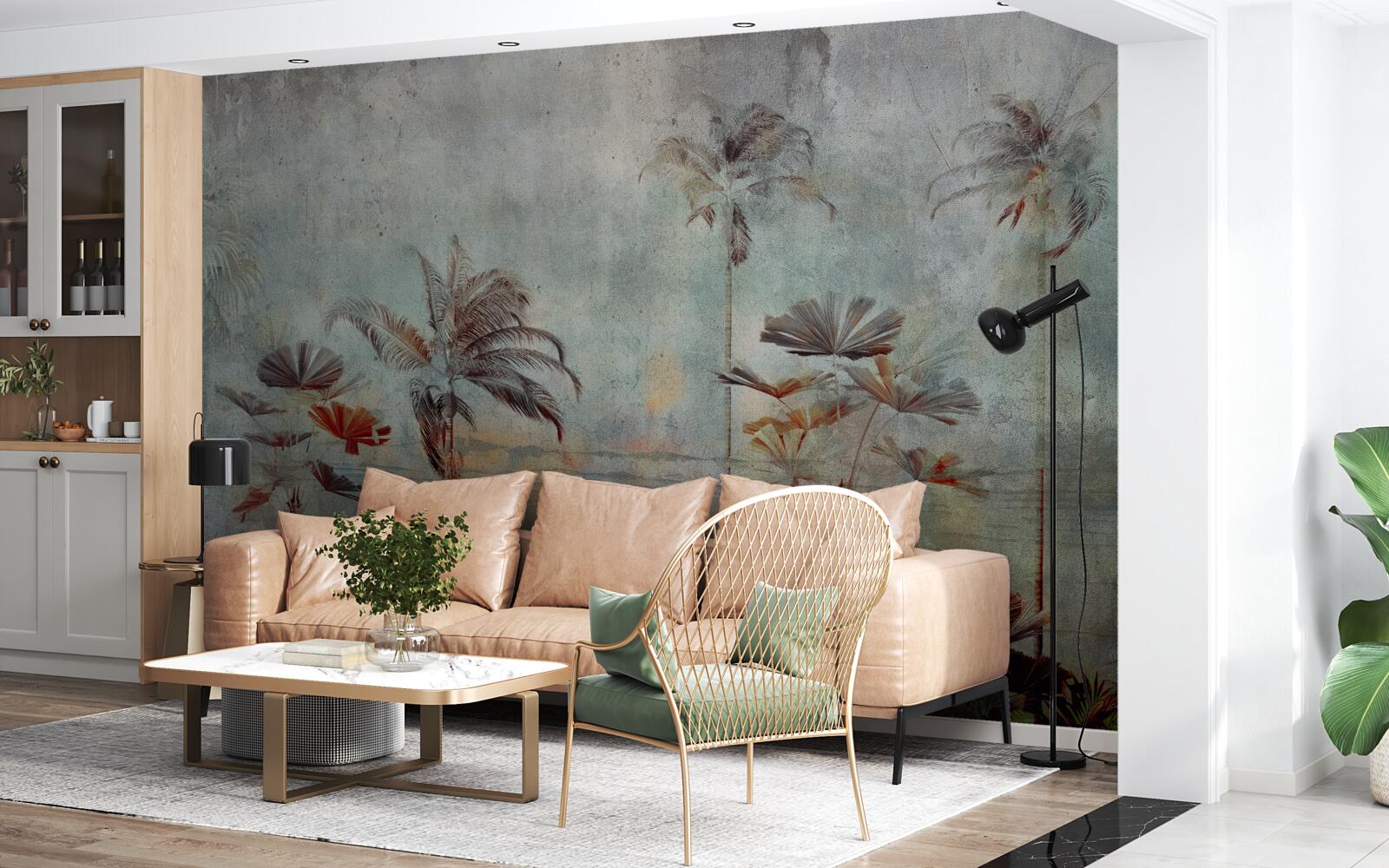 Fotobehang wuivende palmbomen aan de kust