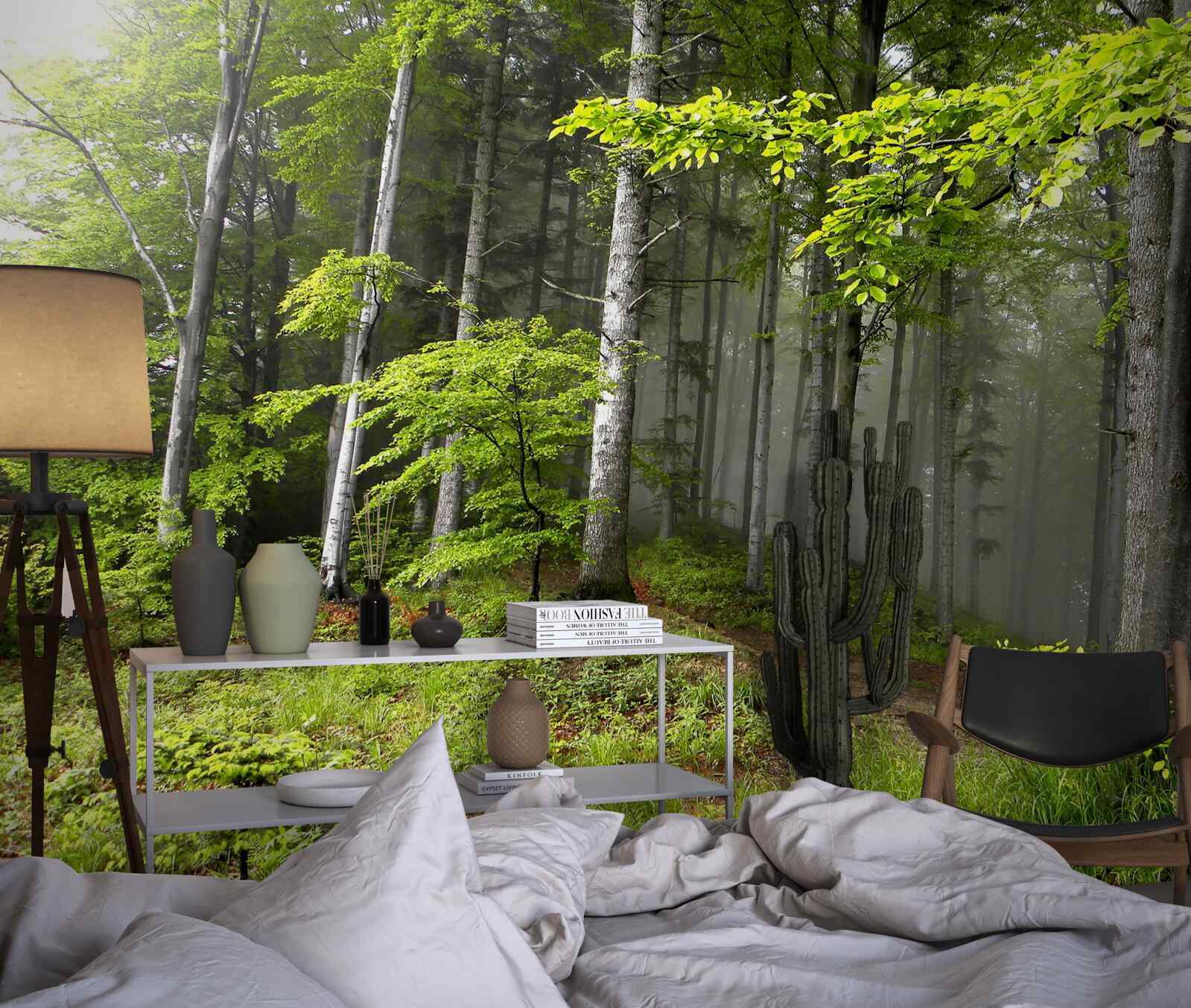 Fotobehang mistig bos met bladeren