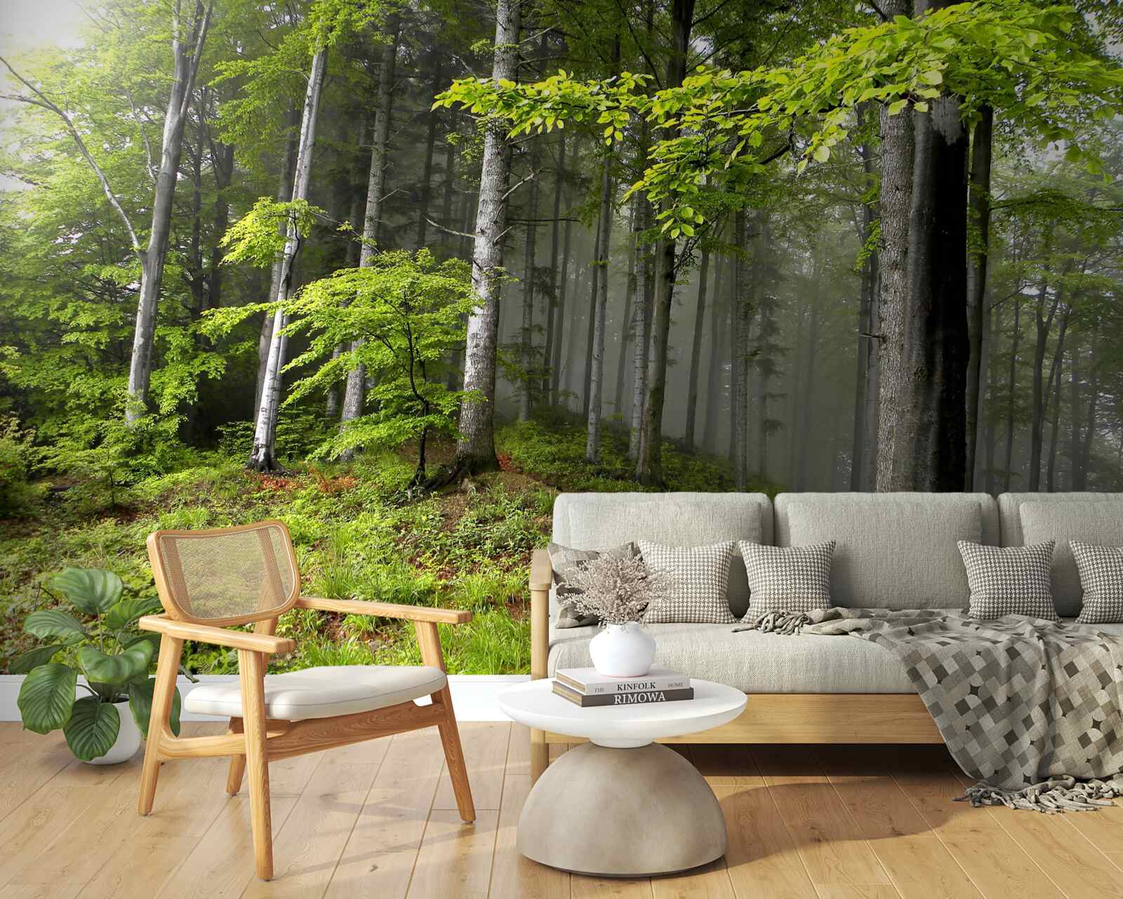 Fotobehang mistig bos met bladeren