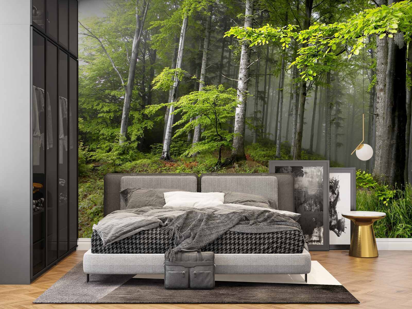 Fotobehang mistig bos met bladeren