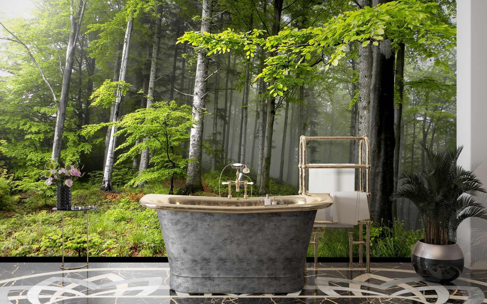 Fotobehang mistig bos met bladeren