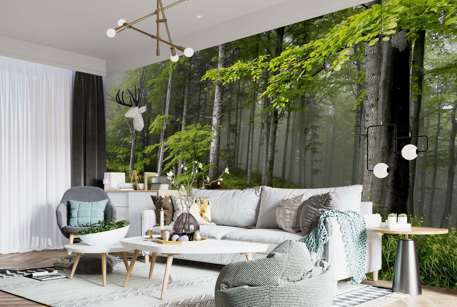 Fotobehang mistig bos met bladeren