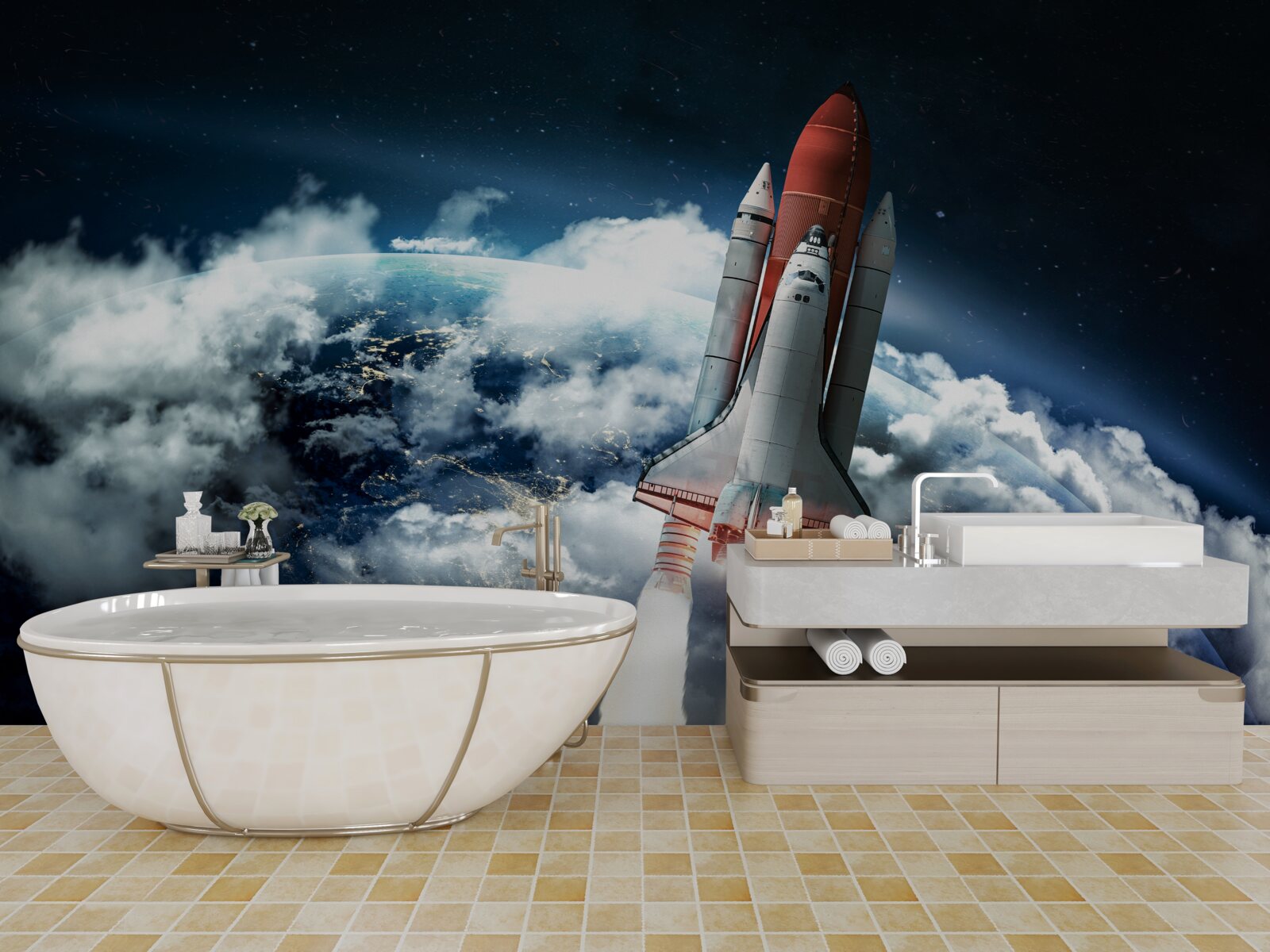 Fotobehang ruimtevaartuig in baan om de aarde