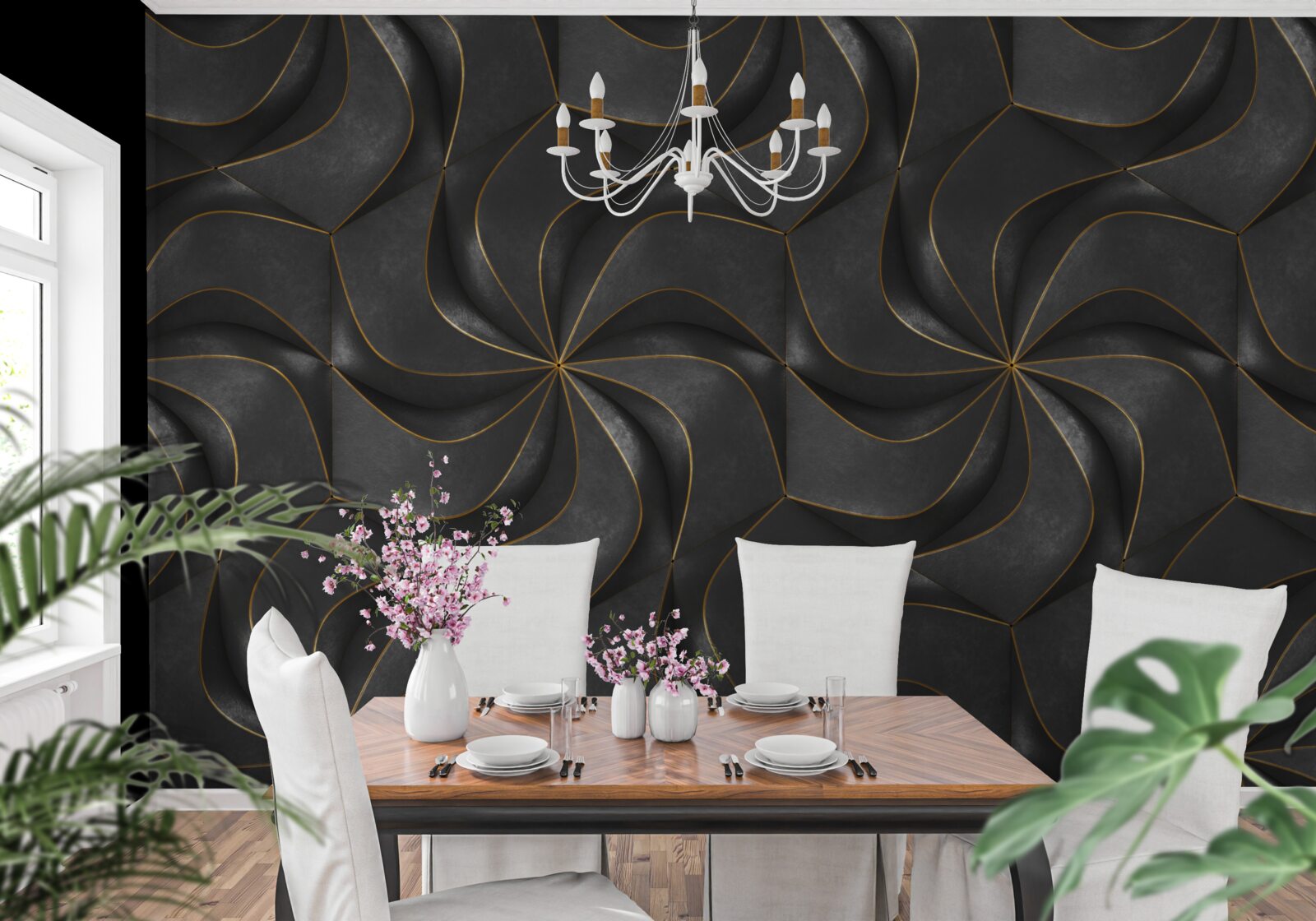 Fotobehang donkere 3d ontwerpen met gouden accenten