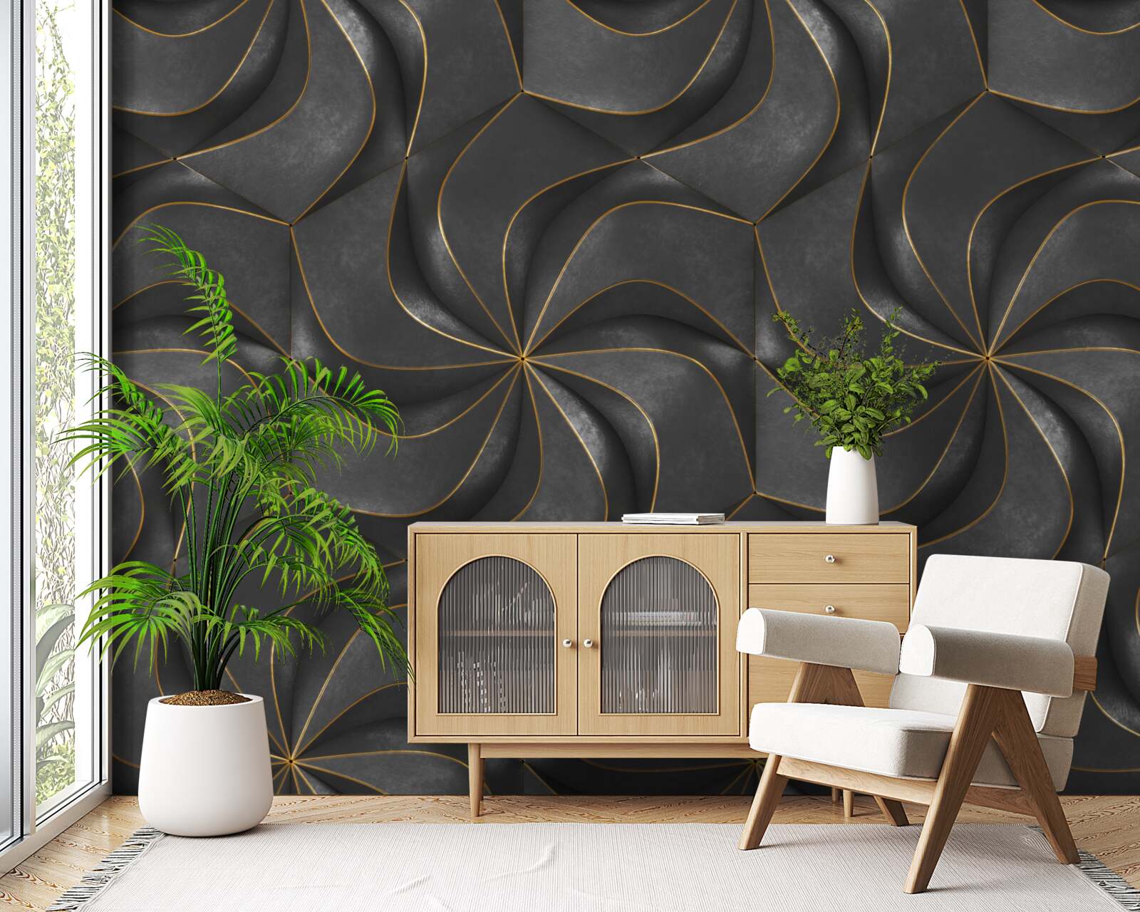 Fotobehang donkere 3d ontwerpen met gouden accenten