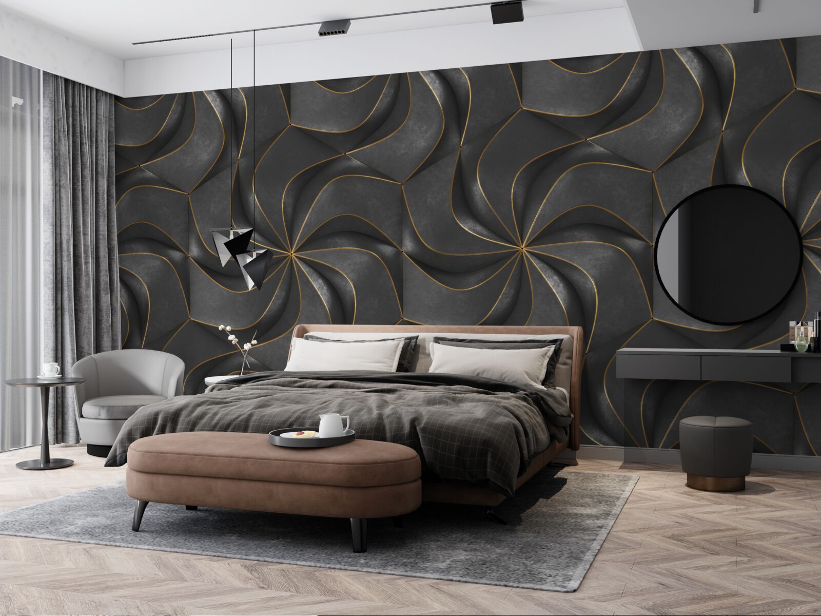 Fotobehang donkere 3d ontwerpen met gouden accenten