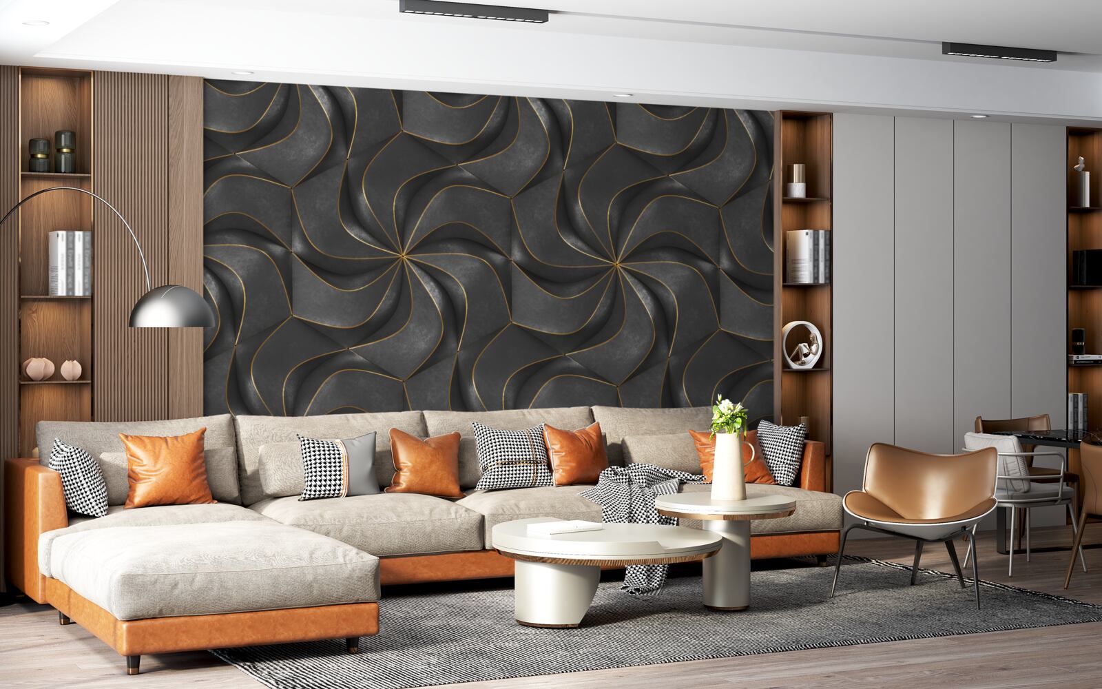 Fotobehang donkere 3d ontwerpen met gouden accenten