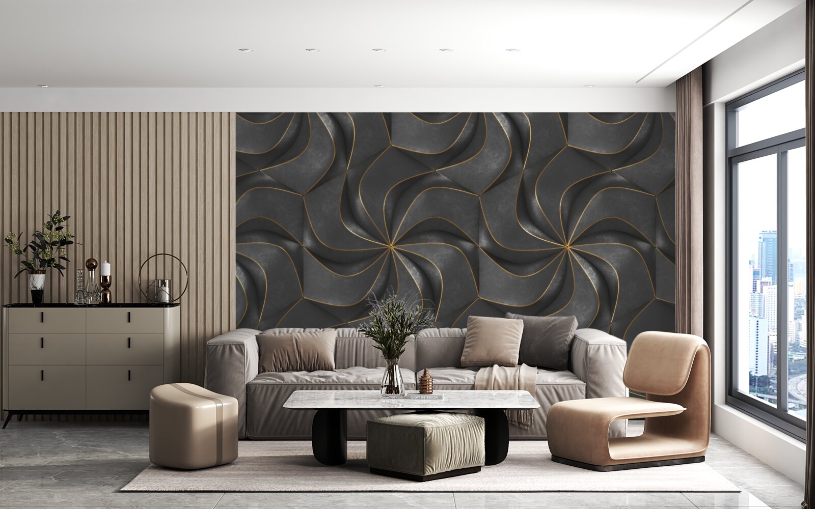 Fotobehang donkere 3d ontwerpen met gouden accenten