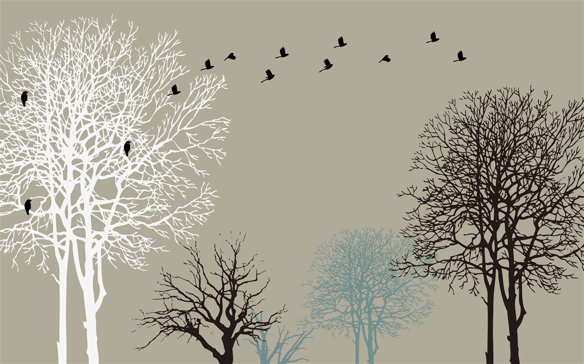 Fotobehang vogels vliegen over de boomtoppen