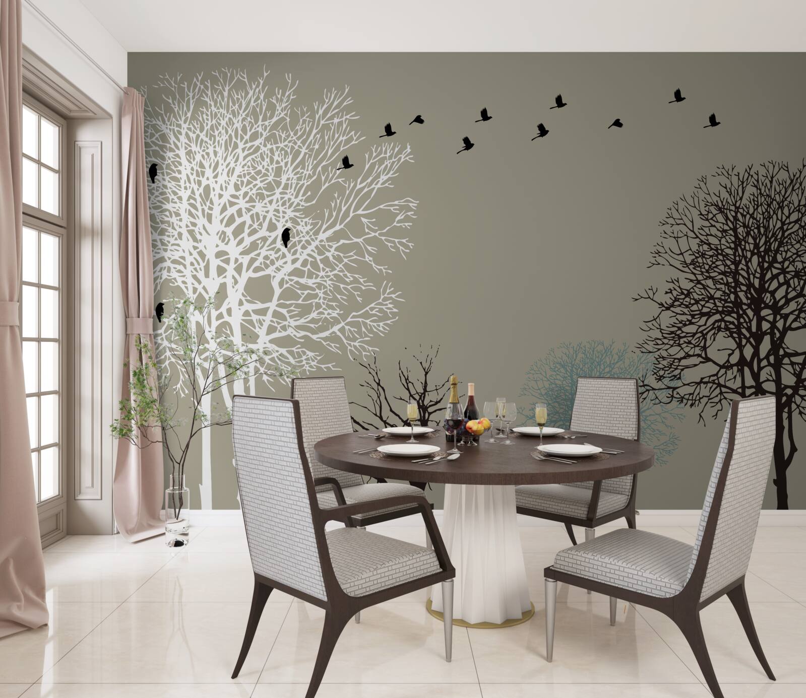 Fotobehang vogels vliegen over de boomtoppen