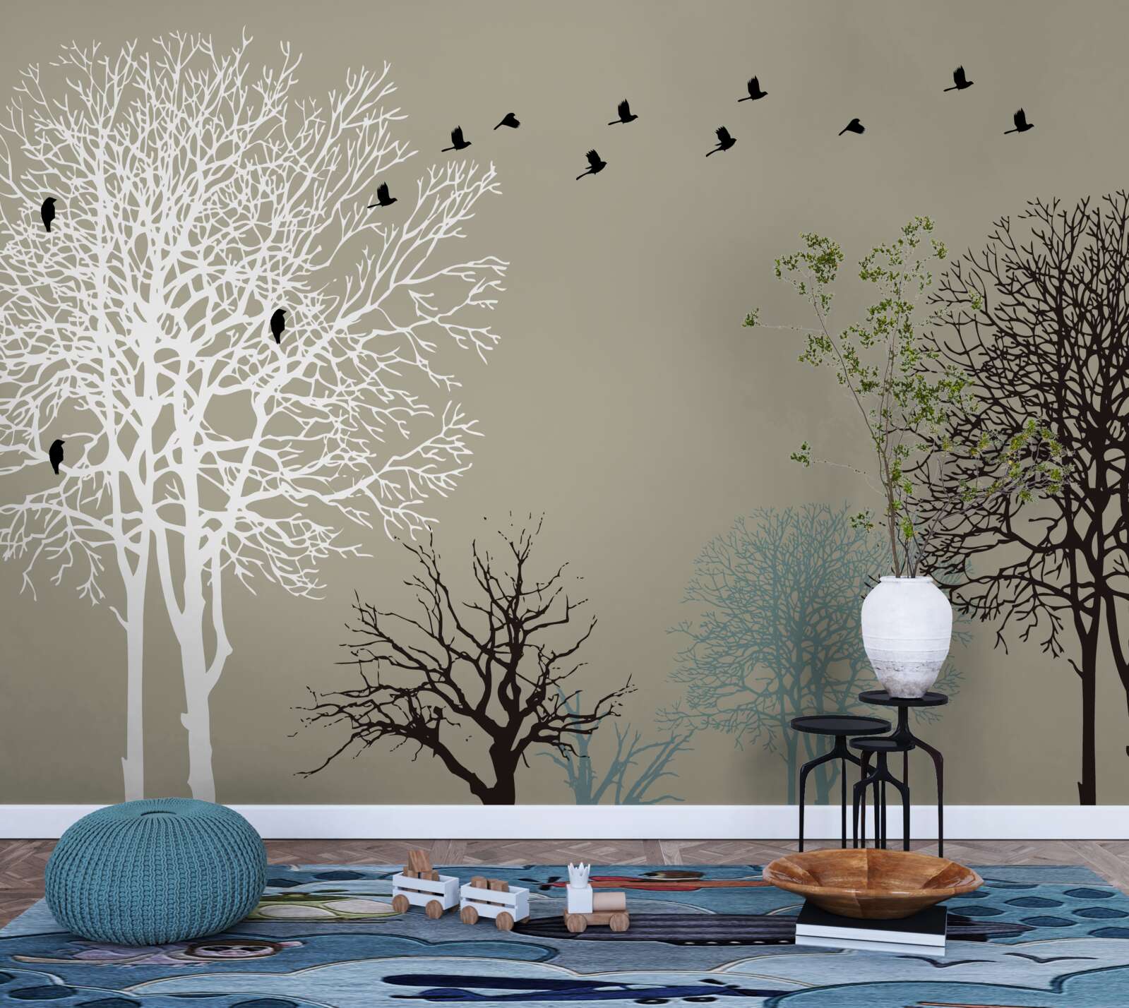 Fotobehang vogels vliegen over de boomtoppen